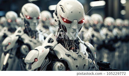 Science fiction soldiers, robotics army, industrial group of cyborg machines. AI robotic team, artificial intelligence technology concept. Science fiction soldiers, robotics army, industrial group of cyborg machines. AI robotic team, artificial intelligence technology concept. 105229772