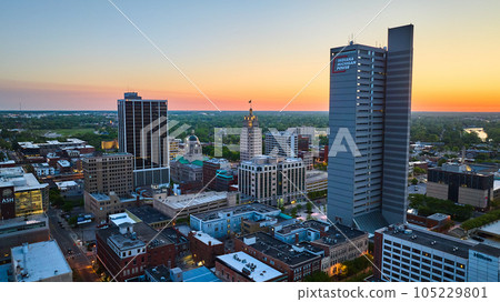 Aerial downtown Fort Wayne Indiana Michigan Power buildings cityscape courthouse city sunrise 105229801