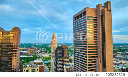Sunrise aerial Huntington Center and Rhodes State Office Tower Columbus Ohio downtown Sunrise aerial Huntington Center and Rhodes State Office Tower Columbus Ohio downtown 105229829
