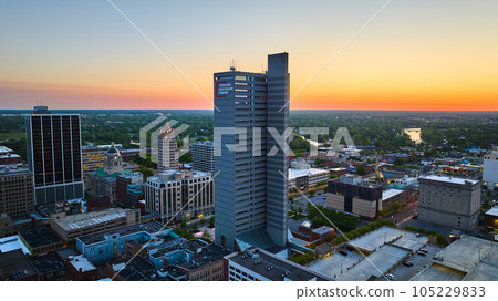 Aerial sunrise downtown town city cityscape Indiana Michigan Power building lake courthouse 105229833