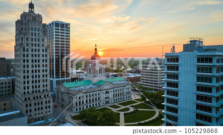 Golden sun in aerial shot of downtown PNC and Lincoln Bank Tower and courthouse shot Golden sun in aerial shot of downtown PNC and Lincoln Bank Tower and courthouse shot 105229868