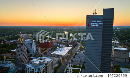 Sunrise Indian Michigan Power building Fort Wayne downtown river and trail aerial buildings Sunrise Indian Michigan Power building Fort Wayne downtown river and trail aerial buildings 105229869