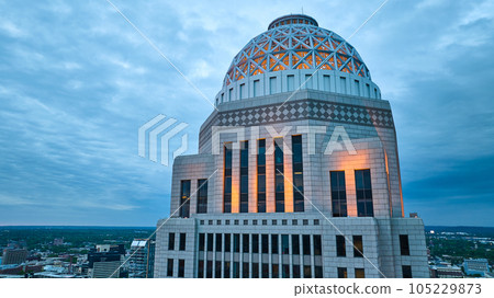 400 west market building downtown aerial Louisville Kentucky sunset electrical glow 105229873