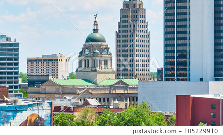 Aerial bright summer day of downtown Fort Wayne Allen County Courthouse with wind vane Aerial bright summer day of downtown Fort Wayne Allen County Courthouse with wind vane 105229910