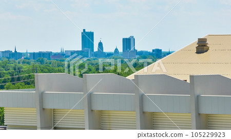 Allen County War Memorial Coliseum roof aerial with downtown Fort Wayne skyscraper background Allen County War Memorial Coliseum roof aerial with downtown Fort Wayne skyscraper background 105229923