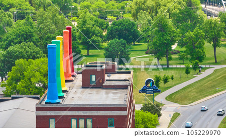 Science Central entrance sign with painted rainbow smokestacks on room aerial 105229970