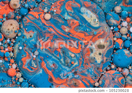 Abstract flying disc with three dimensional bubbles of color in acrylic paint and oil pour creating a background asset painting Abstract flying disc with three dimensional bubbles of color in acrylic paint and oil pour creating a background asset painting 105230028