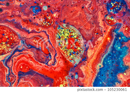 Horizontal abstract embryo of red and yellow acrylic bubbles surrounded by sea of red paint in background asset Horizontal abstract embryo of red and yellow acrylic bubbles surrounded by sea of red paint in background asset 105230061