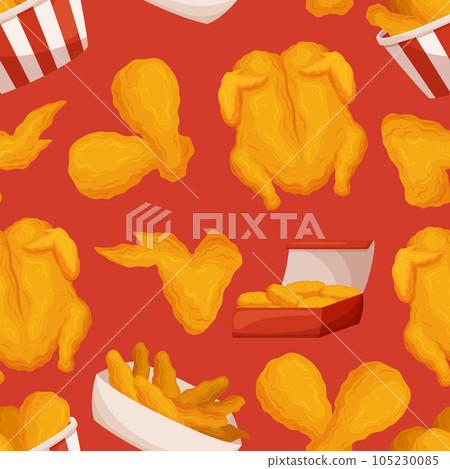 Seamless Pattern with Mouthwatering Fried Chicken Fast Food Motifs Arranged In A Continuous Design, Vector Illustration 105230085
