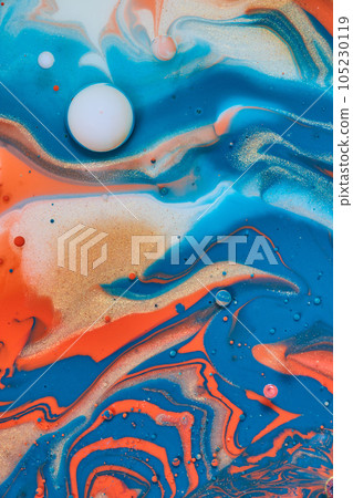Bubble of white in sea of acrylic paint with blue orange and gold abstract oil spill background asset 105230119