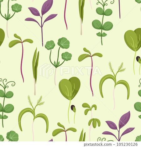 Seamless Pattern With Microgreens, Vibrant And Fresh Design Showcases A Variety Of Colorful And Nutrient-packed 105230126