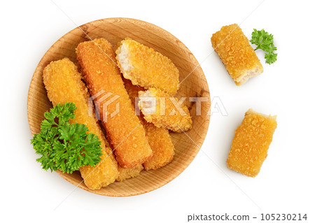 Fish finger or stick with parsley in wooden bowl isolated on white background with full depth of field. Top view. Flat lay 105230214