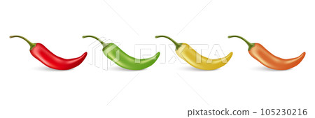 Vector 3d Realistic Red Whole Fresh and Hot Chili Pepper Closeup Isolated. Spicy Chili Hot or Bell Pepper Design Template. Front View. Vector Illustration 105230216