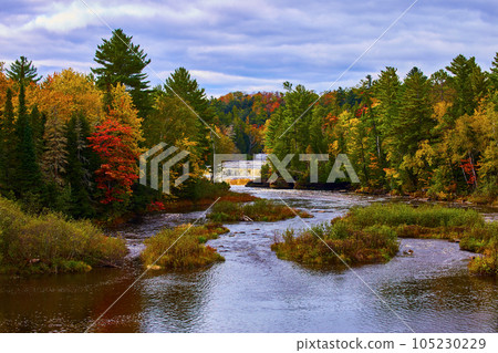 Pretty sky with green and fall forest as river leads or flows into large lake fairytale setting Pretty sky with green and fall forest as river leads or flows into large lake fairytale setting 105230229