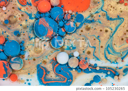 Spheres of cosmic eruption in sea of milk and oil and acrylic paint in abstract background asset Spheres of cosmic eruption in sea of milk and oil and acrylic paint in abstract background asset 105230265