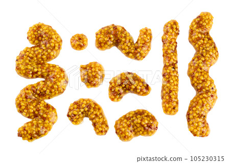 french mustard isolated on white background with full depth of field. Top view. Flat lay. 105230315