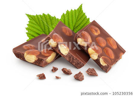 Chocolate with hazelnuts isolated on white background with full depth of field. Chocolate with hazelnuts isolated on white background with full depth of field. 105230356