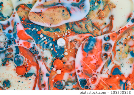Abstract acrylic milk and oil pour creating swirl of colors and bubbles with orange white blue and gold background asset Abstract acrylic milk and oil pour creating swirl of colors and bubbles with orange white blue and gold background asset 105230538