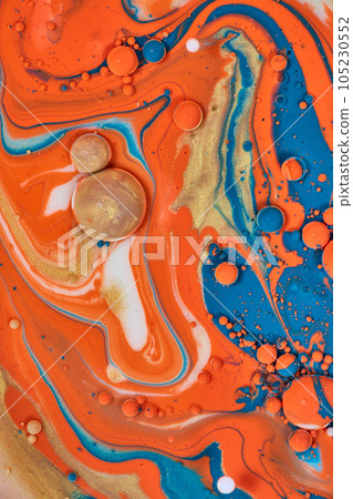 Circles of blue gold and orange acrylic abstract painting as vertical background asset Circles of blue gold and orange acrylic abstract painting as vertical background asset 105230552