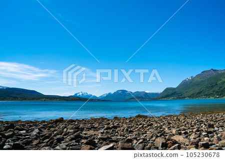 Summer, Beach, Lofoten, Norway. Stunning view point of mountains and blue sea Lofoten islands 105230678