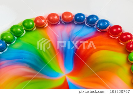 Horizontal dome of skittles rainbow candy as sugar and water mix into a psychedelic hippie flower on a white background asset Horizontal dome of skittles rainbow candy as sugar and water mix into a psychedelic hippie flower on a white background asset 105230767