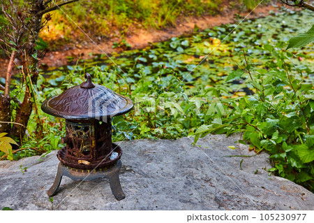 Small metal lantern by lily pond on rocks Small metal lantern by lily pond on rocks 105230977