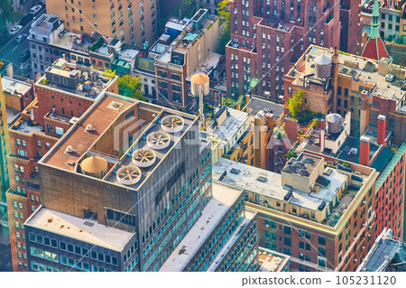 Looking down on tops of skyscrapers in New York City with air fans Looking down on tops of skyscrapers in New York City with air fans 105231120