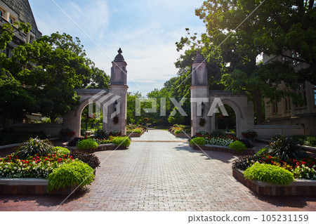 Welcome to Indiana University in Bloomington with brick boardwalk through Sample Gates 105231159