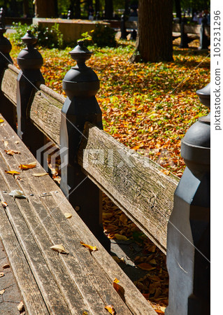 Wood benches in detail at The Mall in Central Park New York City 105231296