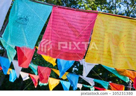 Rows of vibrant prayer flags for Tibetan Mongolian Buddhist shrine 105231380