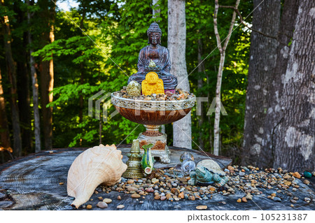 Lone Buddha statue for prayer and meditation on stump with natural donations Lone Buddha statue for prayer and meditation on stump with natural donations 105231387