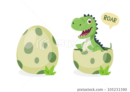 Little Dino. Hatched Little Dinosaur Baby, Child, Kid. Tirannosaur Tirex, Dinosaur Egg. Cartoon T-Rex. Vector Cute and Funny Cartoon Hand Drawn Dinosaur, Children s Illustration, Print for Kids, Card 105231390