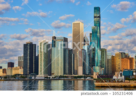 Skyline view from lake in Chicago of large buildings Skyline view from lake in Chicago of large buildings 105231406