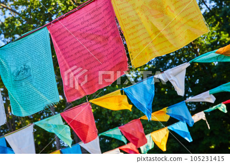 Shrine for Tibetan Mongolian Buddhist with colorful prayer flags 105231415