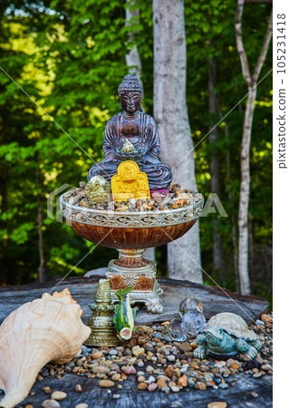 Nature donations to Buddha statue in forest Nature donations to Buddha statue in forest 105231418