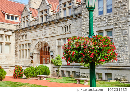 Indiana University college campus exterior buildings with flowers 105231585