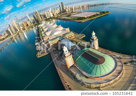 Warped wide panorama from drone of Navy Pier with Chicago skyline in distance Warped wide panorama from drone of Navy Pier with Chicago skyline in distance 105231641