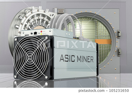 ASIC miner with opened bank vault, 3D rendering ASIC miner with opened bank vault, 3D rendering 105231650