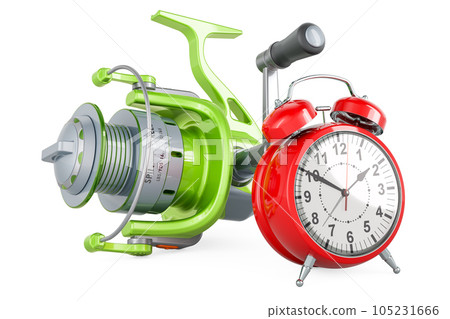 Spinning reel with alarm clock, 3D rendering 105231666