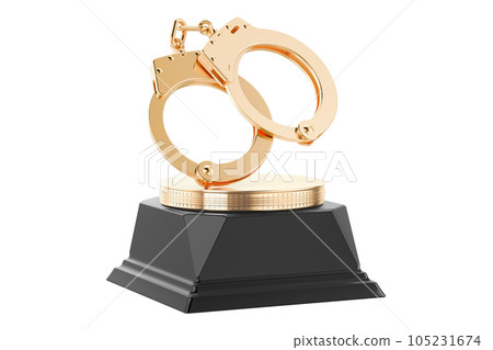 Golden Handcuffs Award Trophy Pedestal. 3d Rendering Golden Handcuffs Award Trophy Pedestal. 3d Rendering 105231674