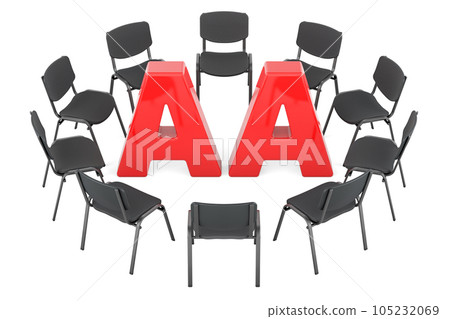 AA meeting concept. Chairs in a circle with AA. 3D rendering AA meeting concept. Chairs in a circle with AA. 3D rendering 105232069