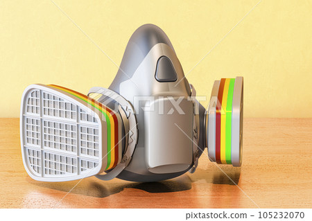 Respirator, Reusable Half Face Cover on the wooden table. 3D rendering 105232070