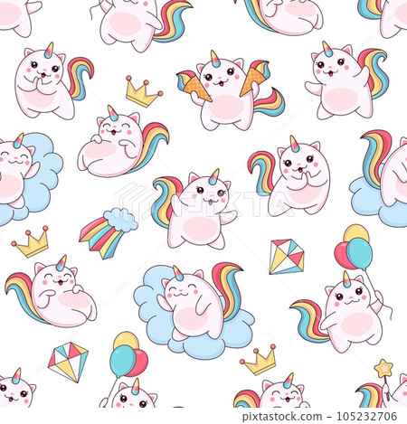 Cartoon cute caticorn seamless pattern, funny cats 105232706