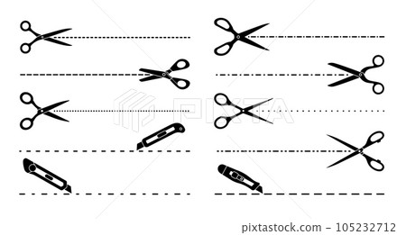 Cut lines, scissors, utility knife cutting lines Cut lines, scissors, utility knife cutting lines 105232712