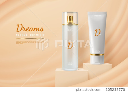 Cosmetics cream, perfume mockup on beige podium 105232770