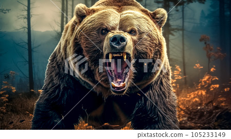 angry running grizzly bear in the forest, made with Generative AI 105233149