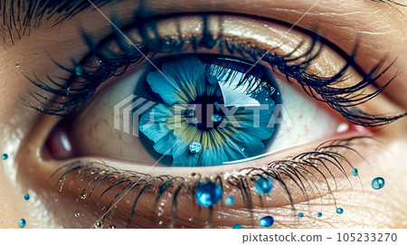 art close-up of a human eye with a tear drop, made with Generative AI 105233270