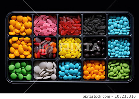Mix of candies in box. Marshmallows, candies, dragee, fruit jelly. Top view flat lay. Generative AI 105233316