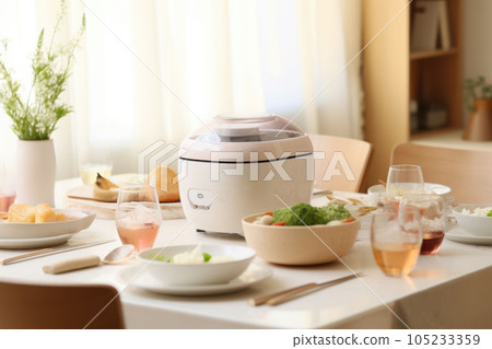 A minimalist bright kitchen with a rice cooker and dishes on top of the dining table. Generative AI A minimalist bright kitchen with a rice cooker and dishes on top of the dining table. Generative AI 105233359