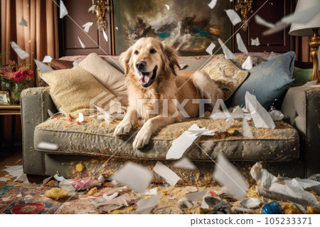 Dog destroying cushions on sofa. Naughty playful dog after biting a pillow. Generative AI 105233371